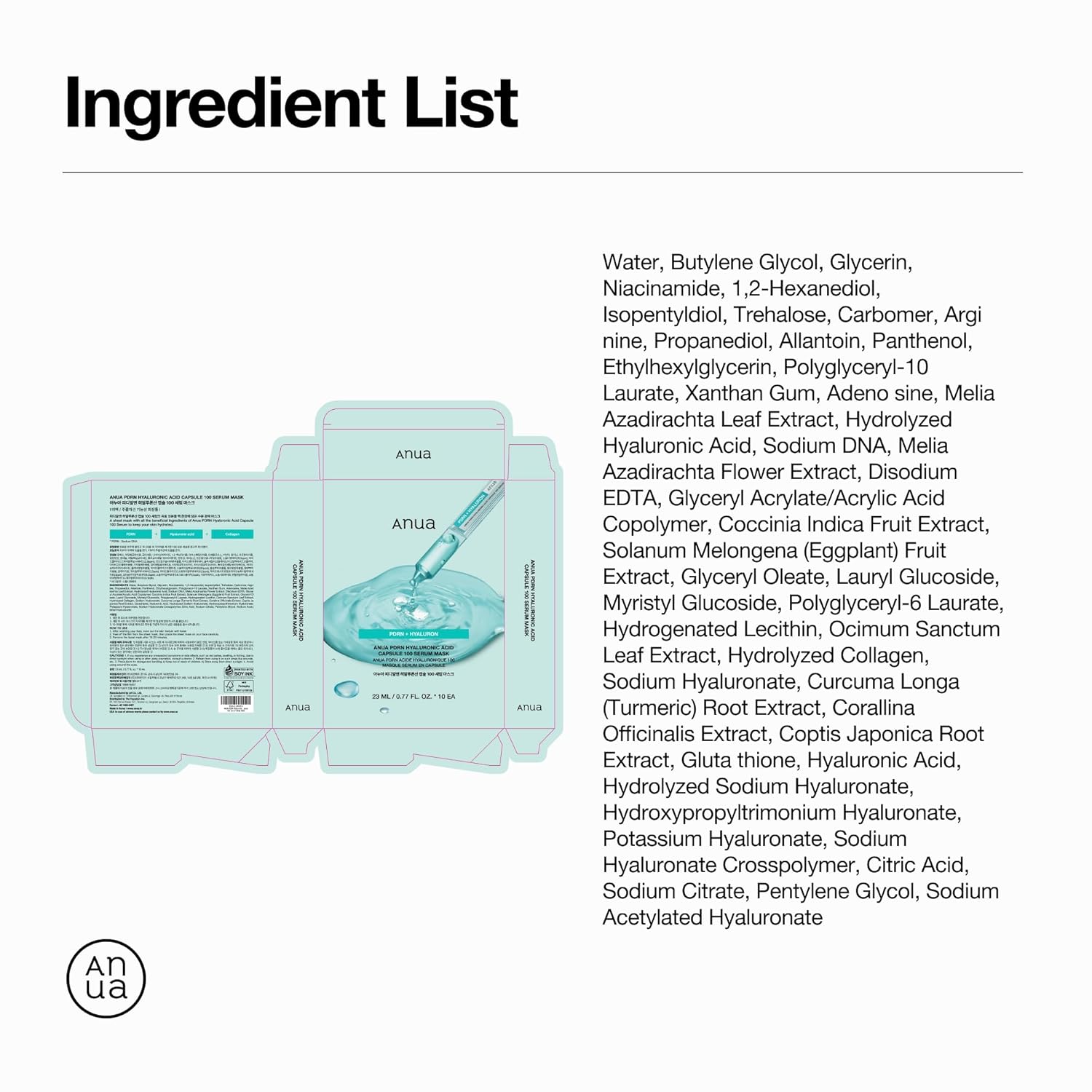 Sheet mask packaging with ingredient list on a white background