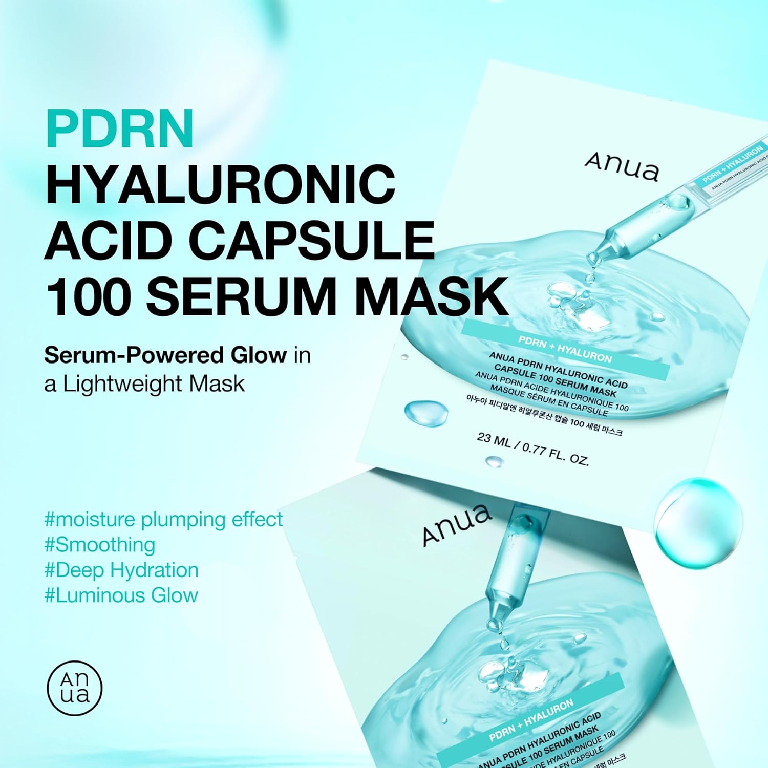 Anua Hyaluronic Acid Capsule 100 Serum Mask packaging with text on a light blue background