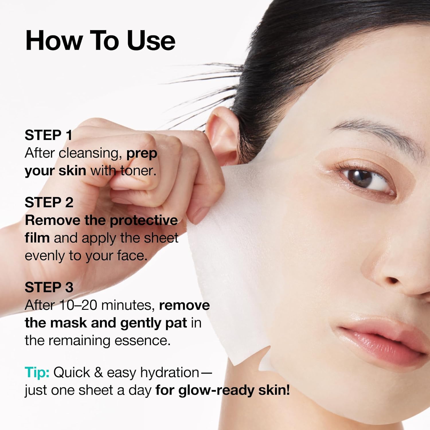 Facial mask application guide with a close-up of a person applying a sheet mask.