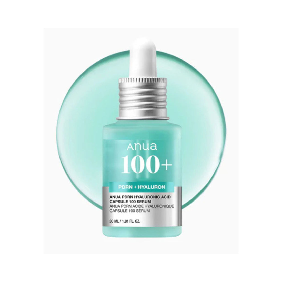 Anua 100+ serum bottle with dropper on a white background