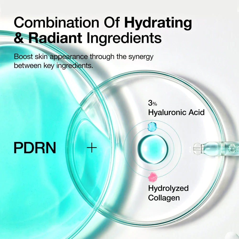 Product packaging with text about hydrating and radiant ingredients, including PDRN, hyaluronic acid, and hydrolyzed collagen.