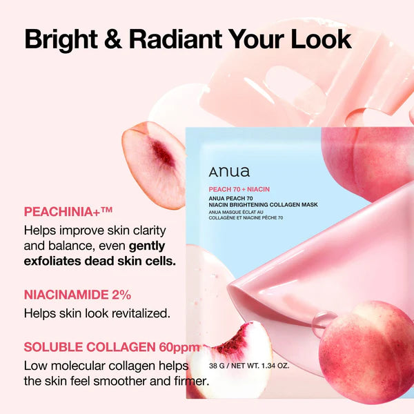 Anua Peach 70+ Niacinamide skincare mask packaging with peach slices and text about product benefits.
