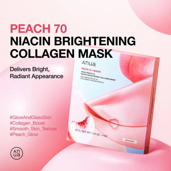 Anua Peach 70 Niacin Brightening Collagen Mask packaging on a pink background