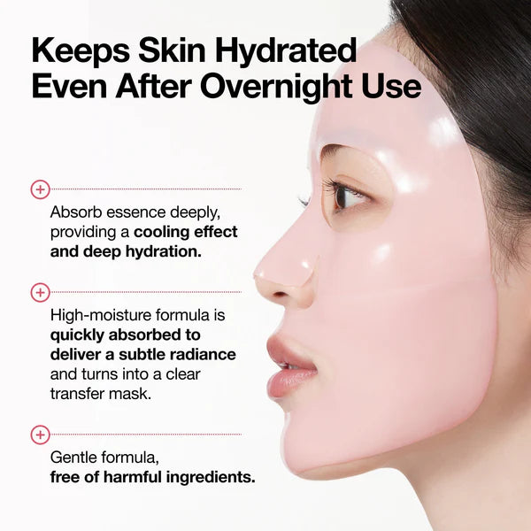 Woman wearing a clear face mask with text highlighting its benefits