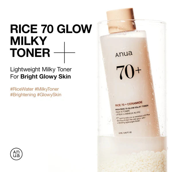 Anua Rice 70 Glow Milky Toner bottle with text on a white background