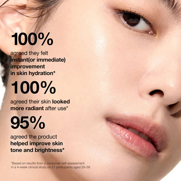 Close-up of a person's face with text about skin hydration and radiance improvement.