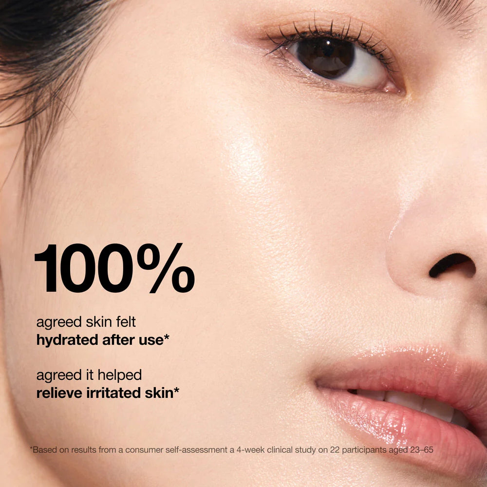 Close-up of a person's face with text about skin hydration and relief from irritation.