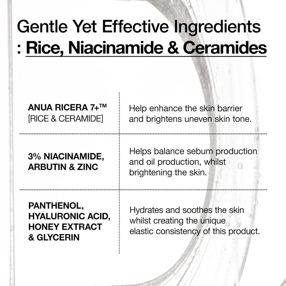 List of gentle yet effective ingredients for skincare with text and product name.