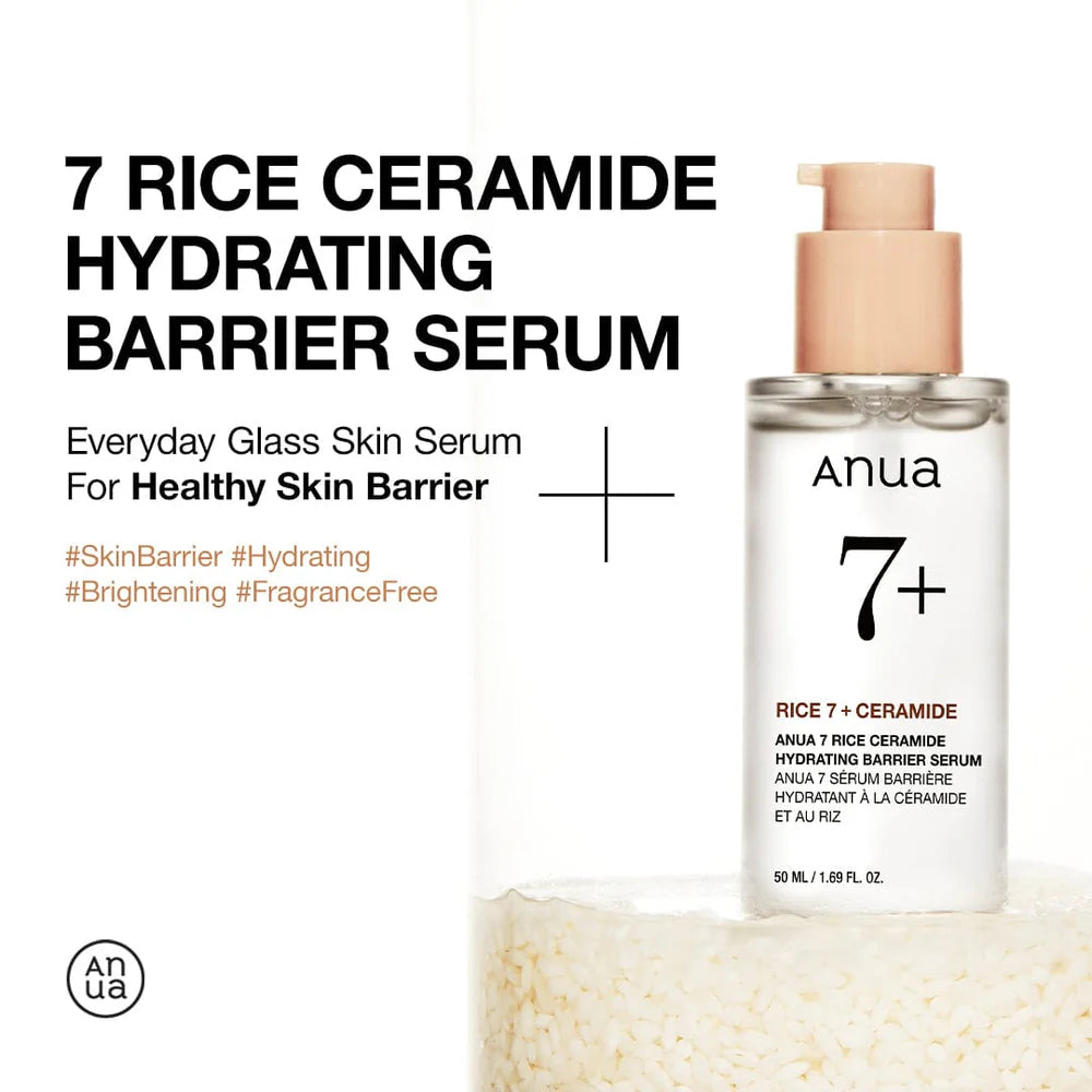Anua 7+ Rice Ceramide Hydrating Barrier Serum bottle with text on a white background