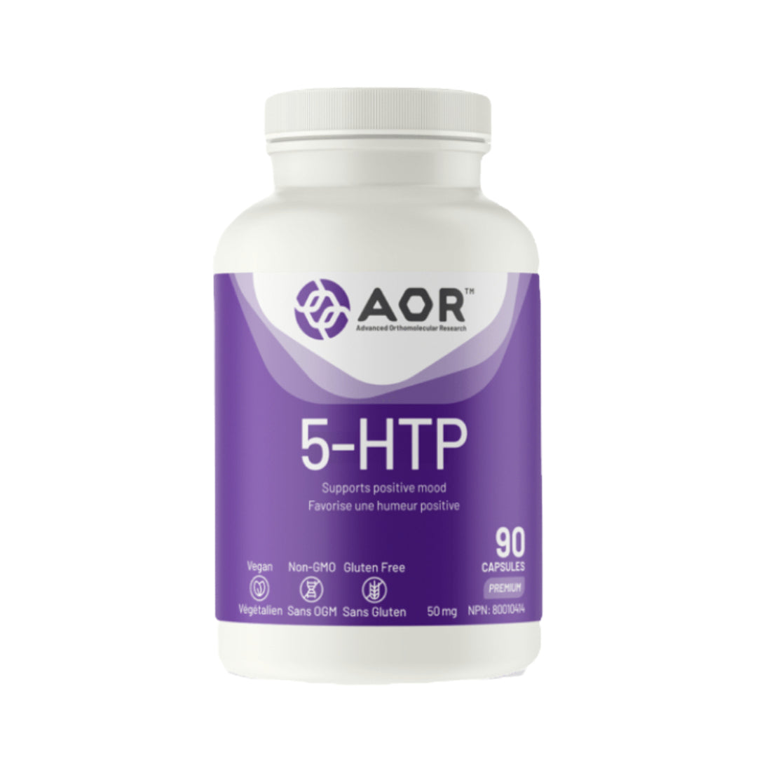 Bottle of AOR 5-HTP supplement on a white background