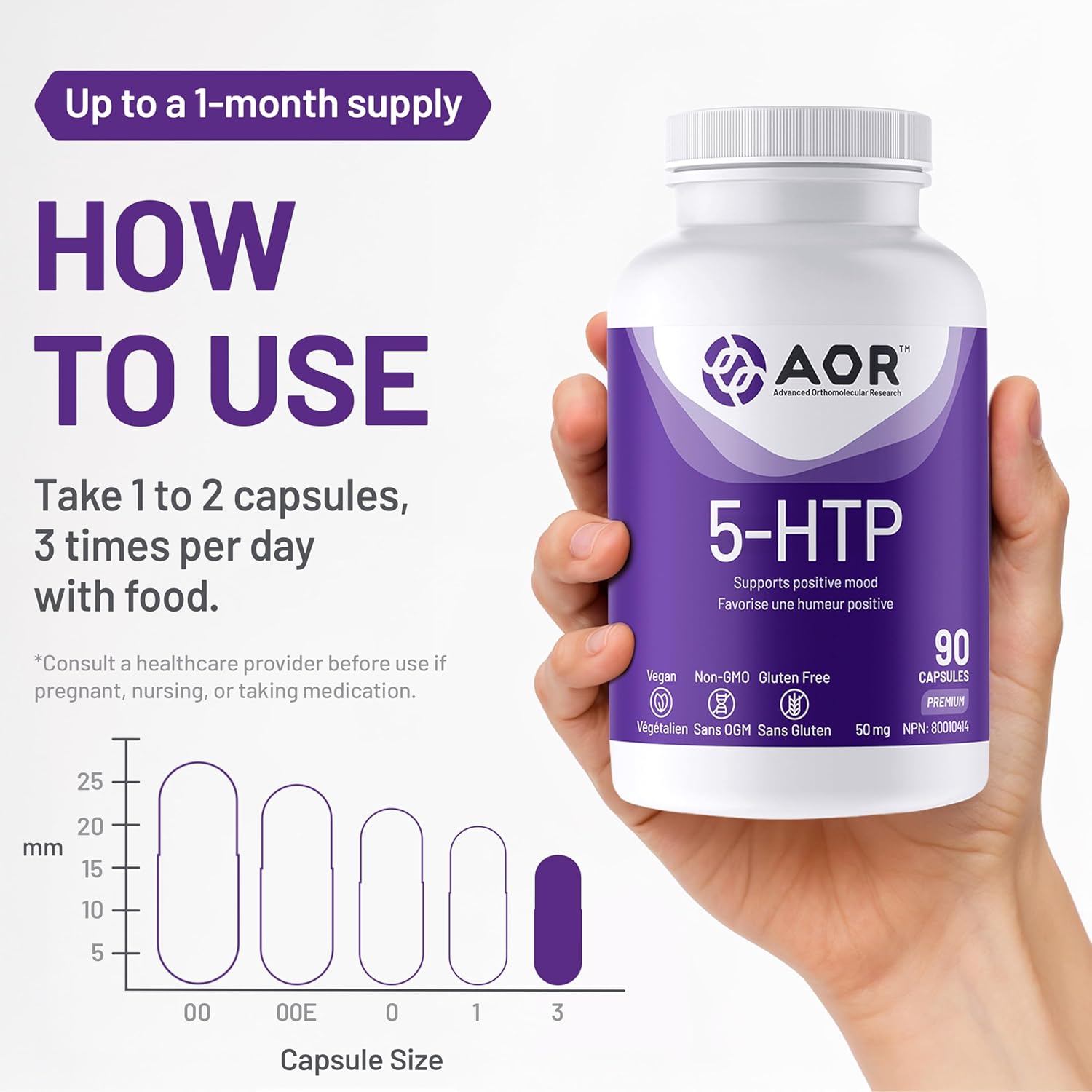 AOR 5-HTP supplement bottle held by a hand with usage instructions on a white background