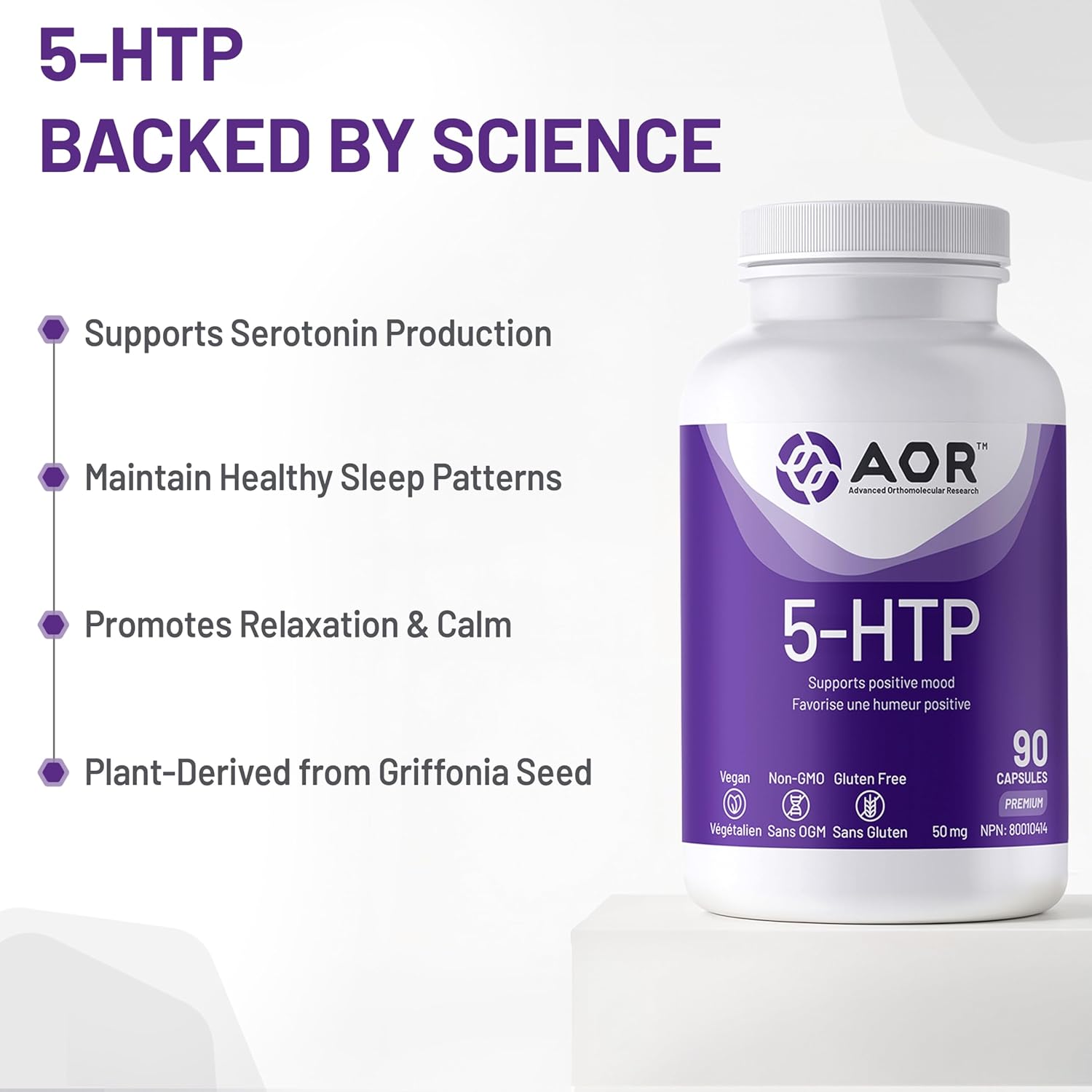 AOR 5-HTP supplement bottle with text highlighting benefits on a white background