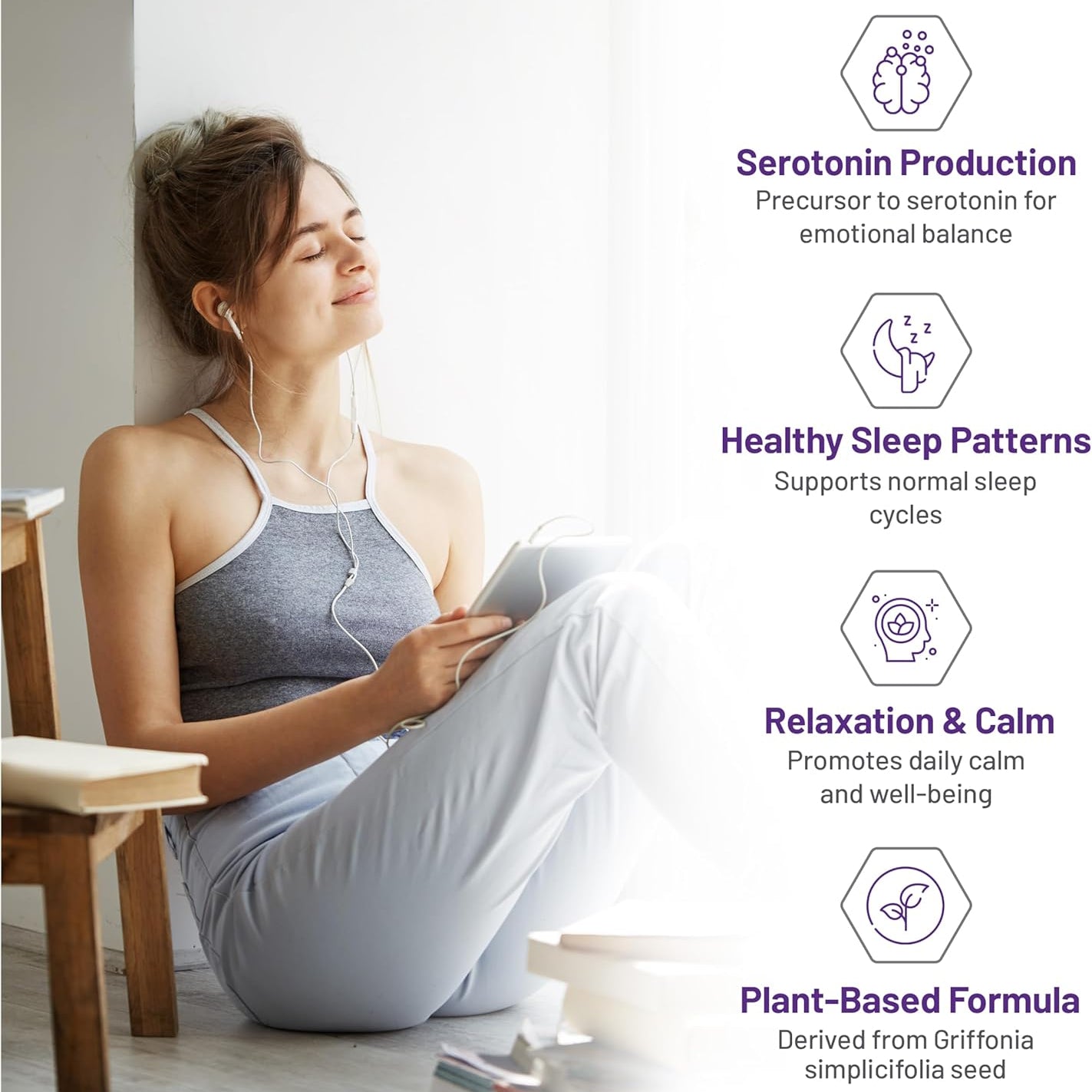 Woman sitting on the floor with closed eyes, listening to music, with text about serotonin production, healthy sleep patterns, relaxation, and a plant-based formula.