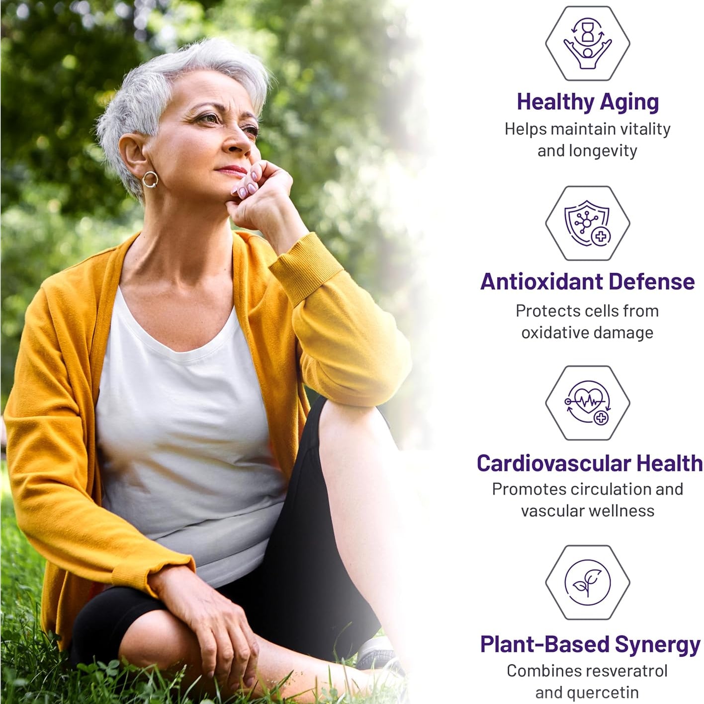 Woman sitting outdoors with health benefits text on the right
