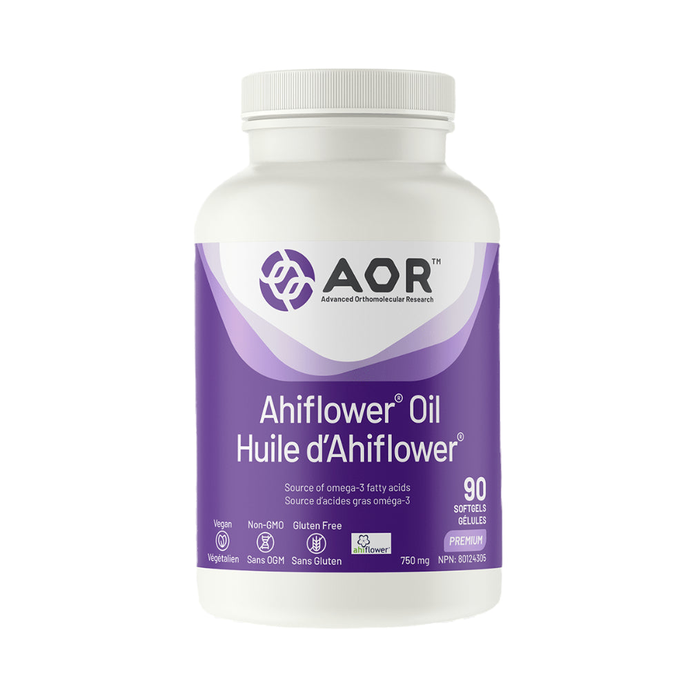 AOR Ahiflower Oil supplement bottle on a white background