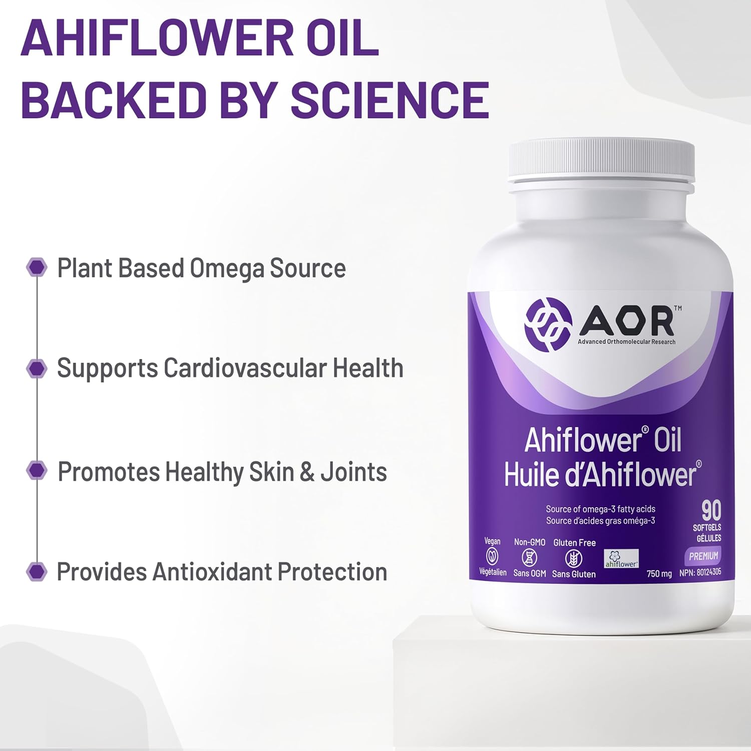 AOR Ahiflower Oil supplement bottle with benefits listed on a white background