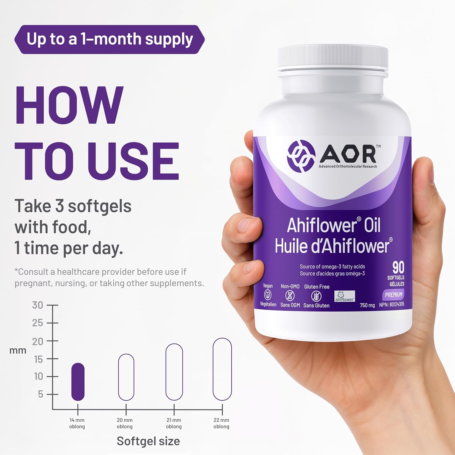 AOR Ahiflower Oil supplement bottle held in a hand with usage instructions on a white background