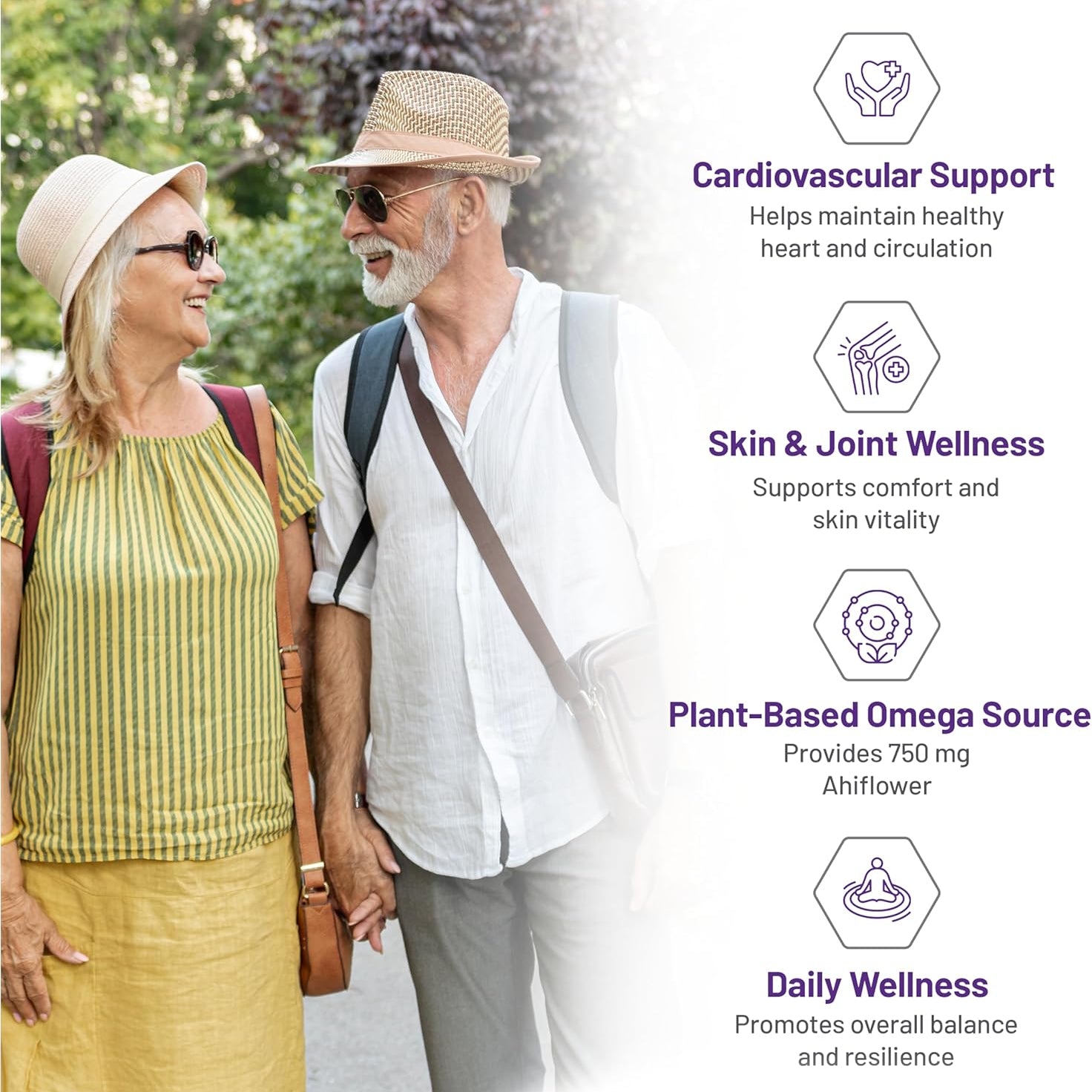 Two people walking outdoors with text about cardiovascular support, skin & joint wellness, plant-based omega source, and daily wellness.
