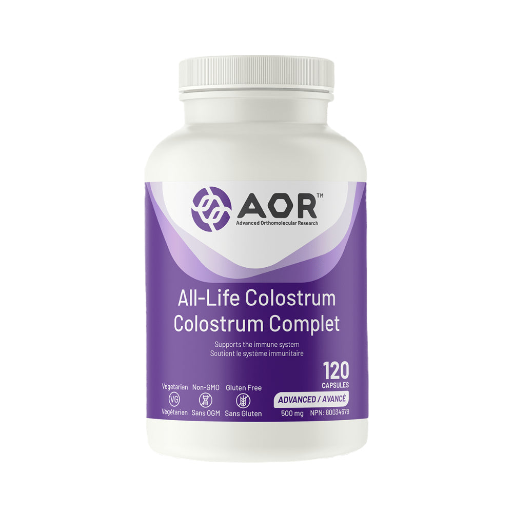 Bottle of AOR All-Life Colostrum Collostrum Compleat on a white background