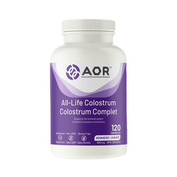 Bottle of AOR All-Life Colostrum Collostrum Compleat on a white background