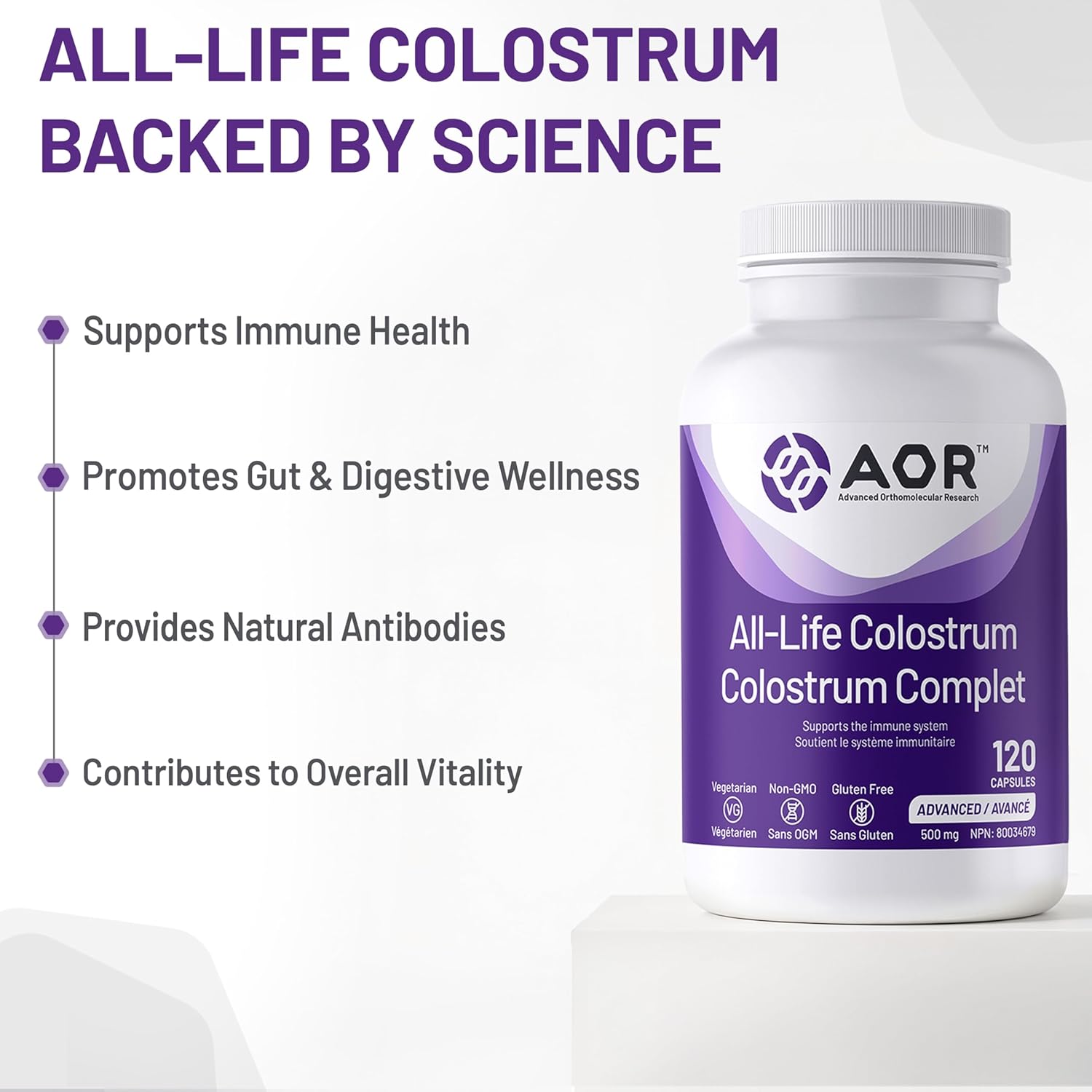 AOR All-Life Colostrum supplement bottle with benefits listed on a white background