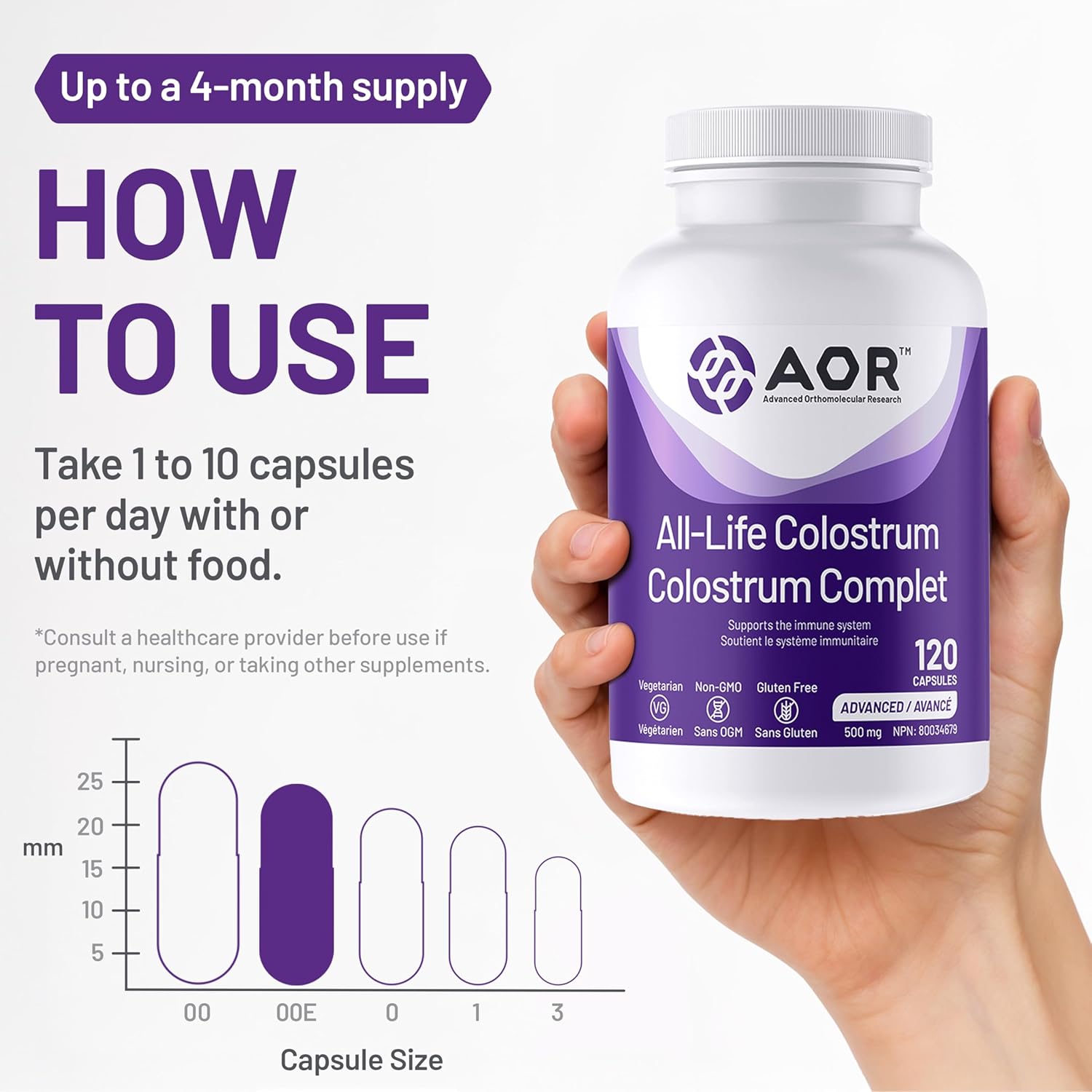 AOR All-Life Colostrum supplement bottle held in a hand with usage instructions on a white background
