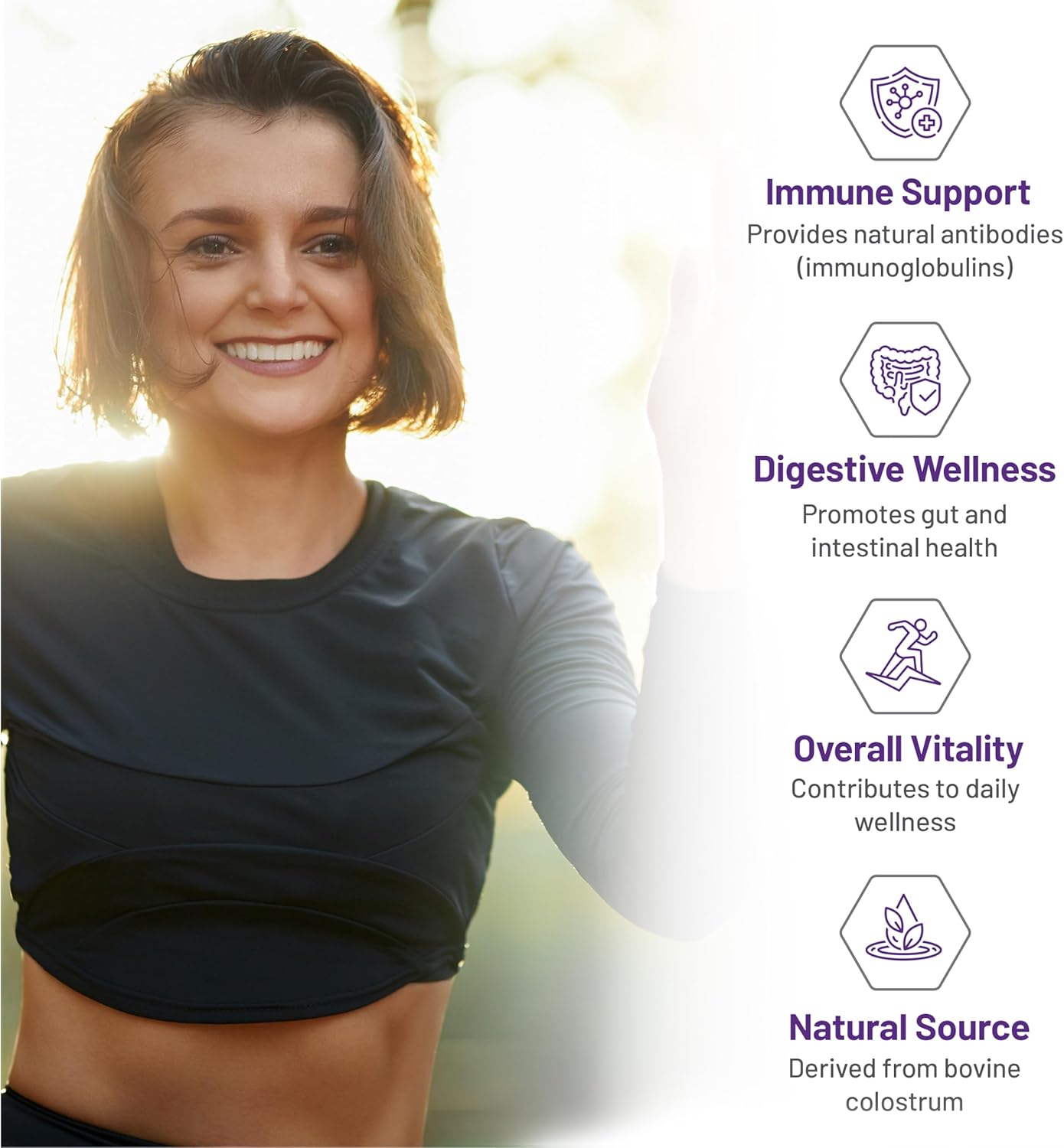 Woman outdoors with health benefits text on a blurred natural background