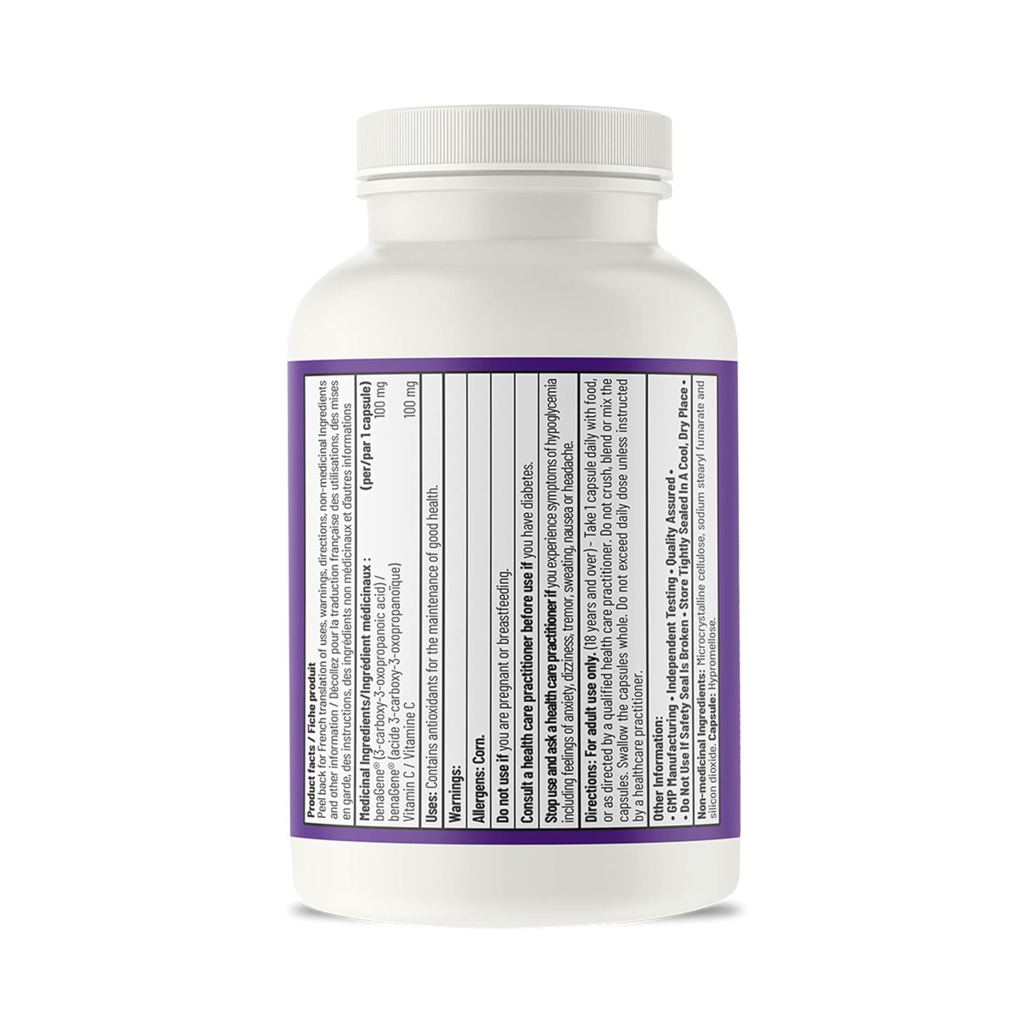 White supplement bottle with a purple label on a white background