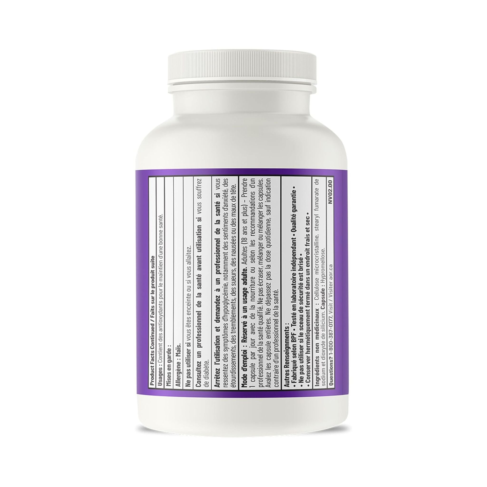 White supplement bottle with a purple label on a white background