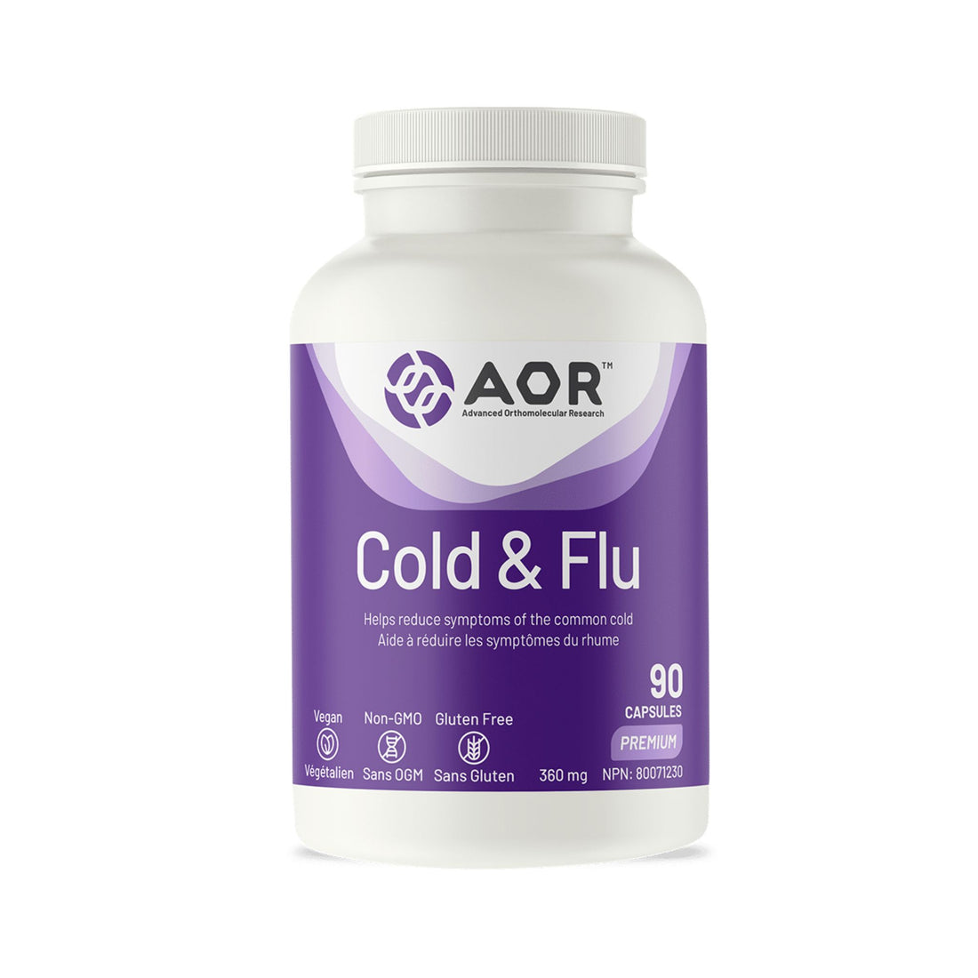 Supplement bottle labeled 'Cold & Flu' by AOR on a white background