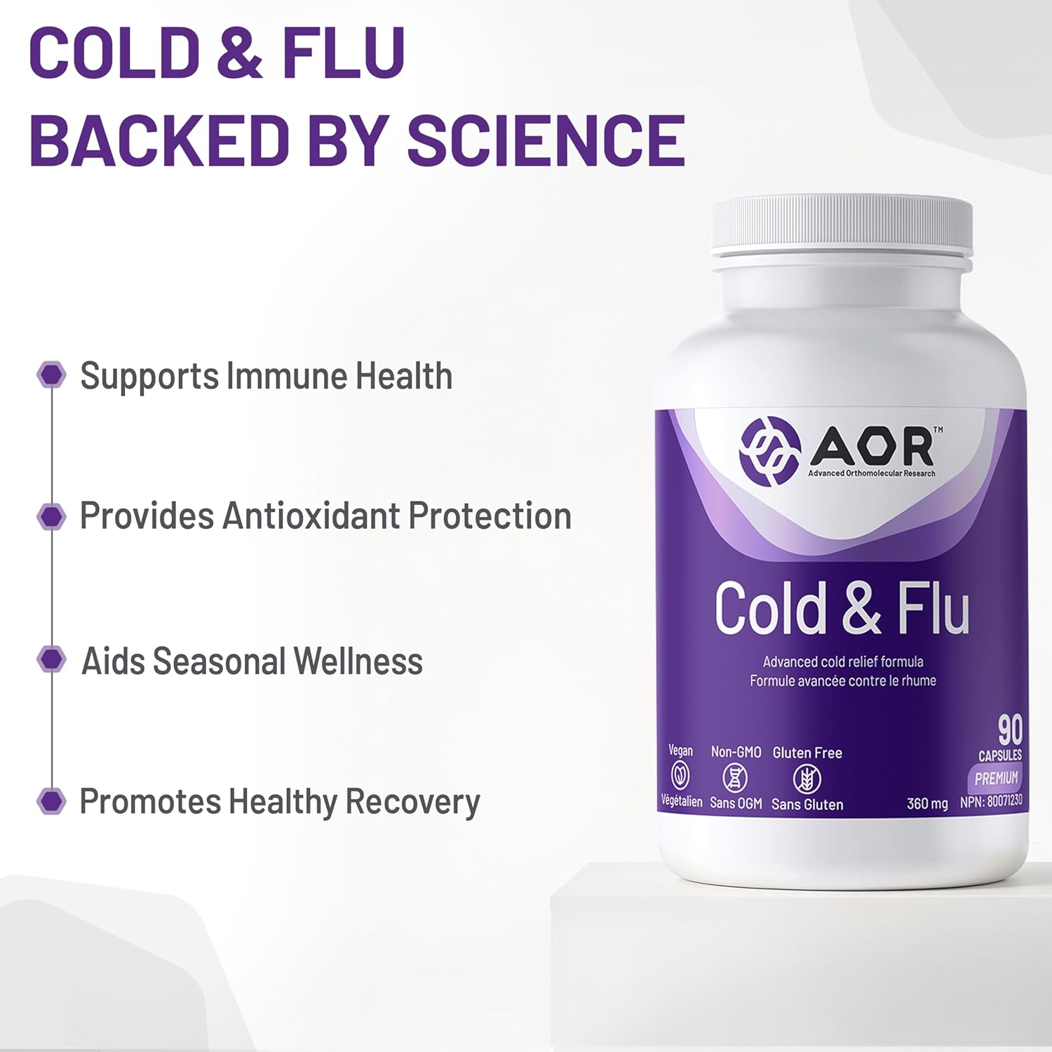 AOR Cold & Flu supplement bottle with benefits listed on a white background