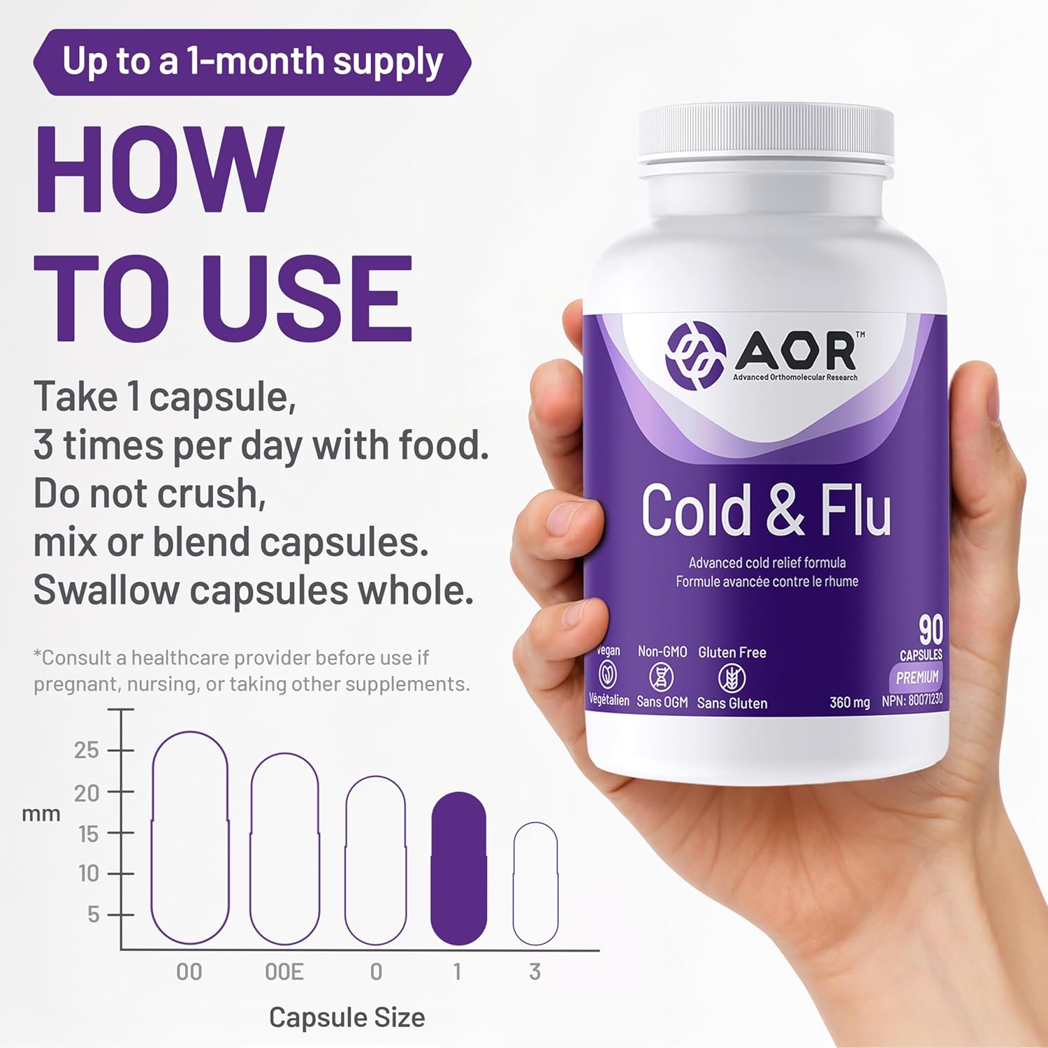 AOR Cold & Flu supplement bottle held in a hand with usage instructions on a white background
