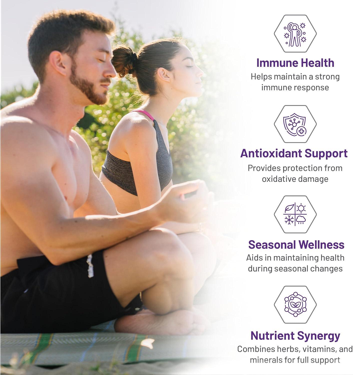 Two people sitting outdoors with text about immune health, antioxidant support, seasonal wellness, and nutrient synergy.