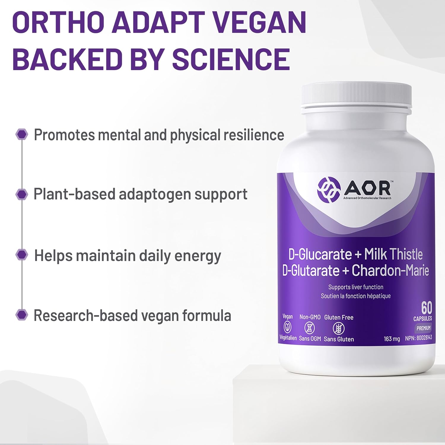 AOR Ortho Adapt Vegan supplement bottle with text highlighting benefits on a white background