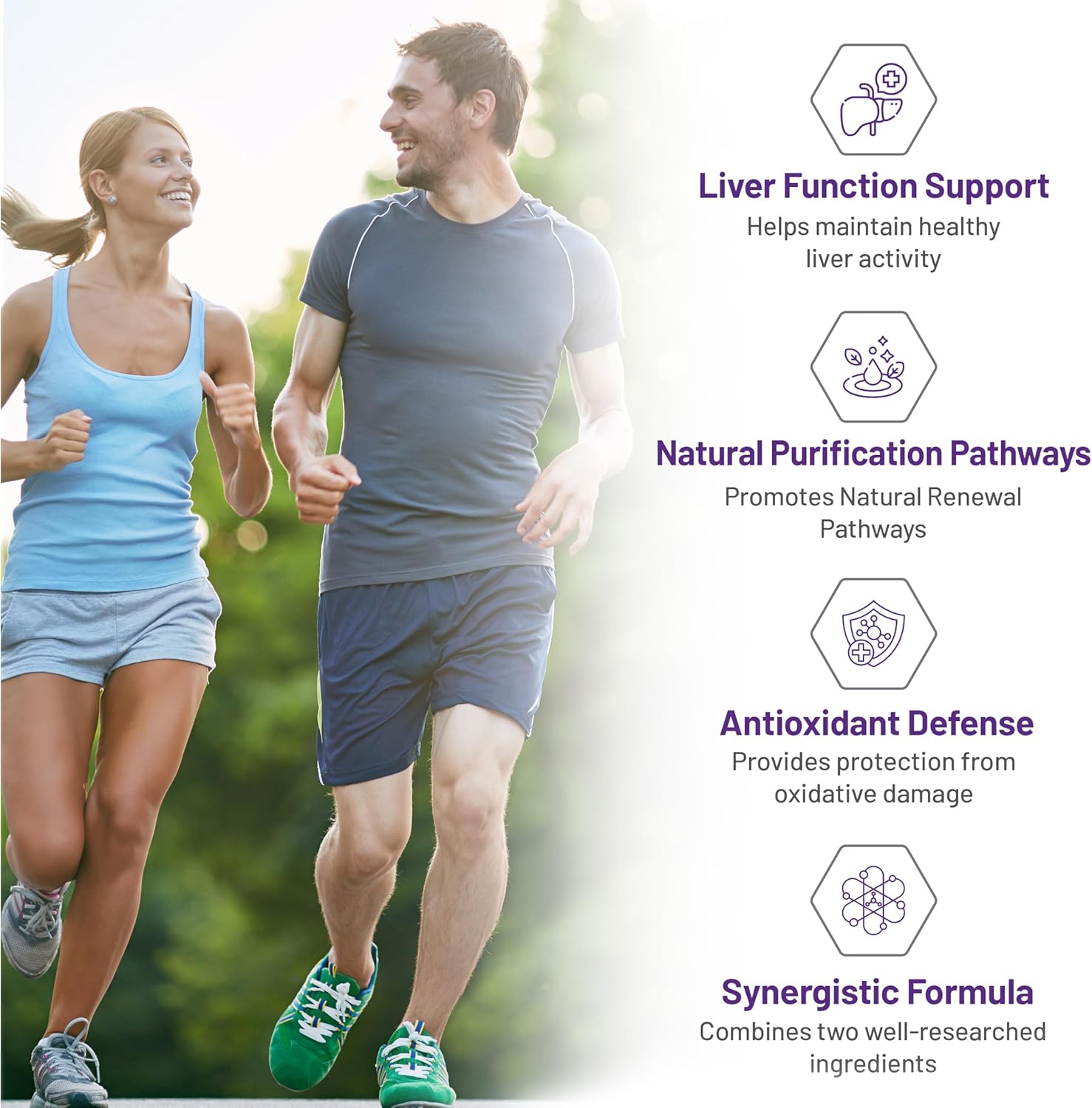 Two people running outdoors with health benefits text on the right