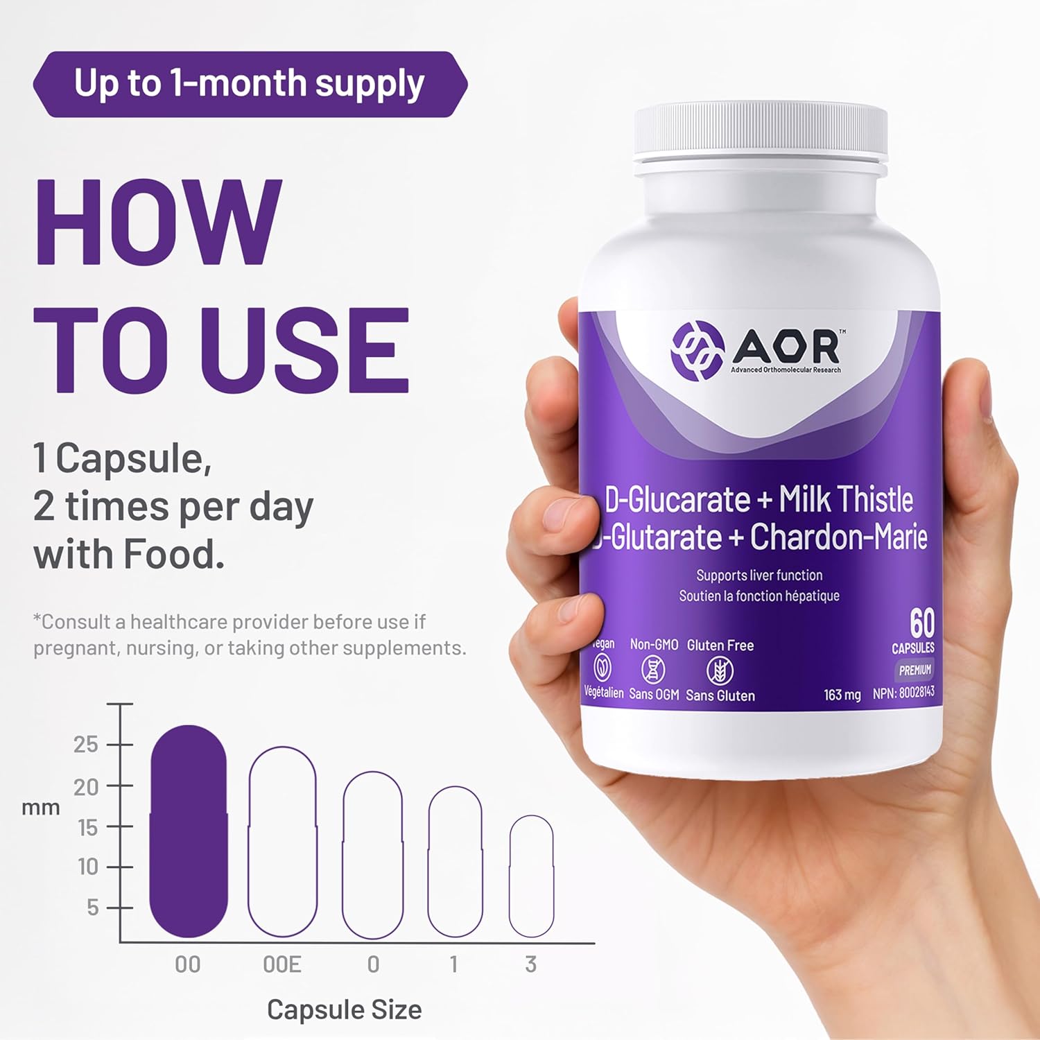 AOR supplement bottle held in a hand with usage instructions on a white background