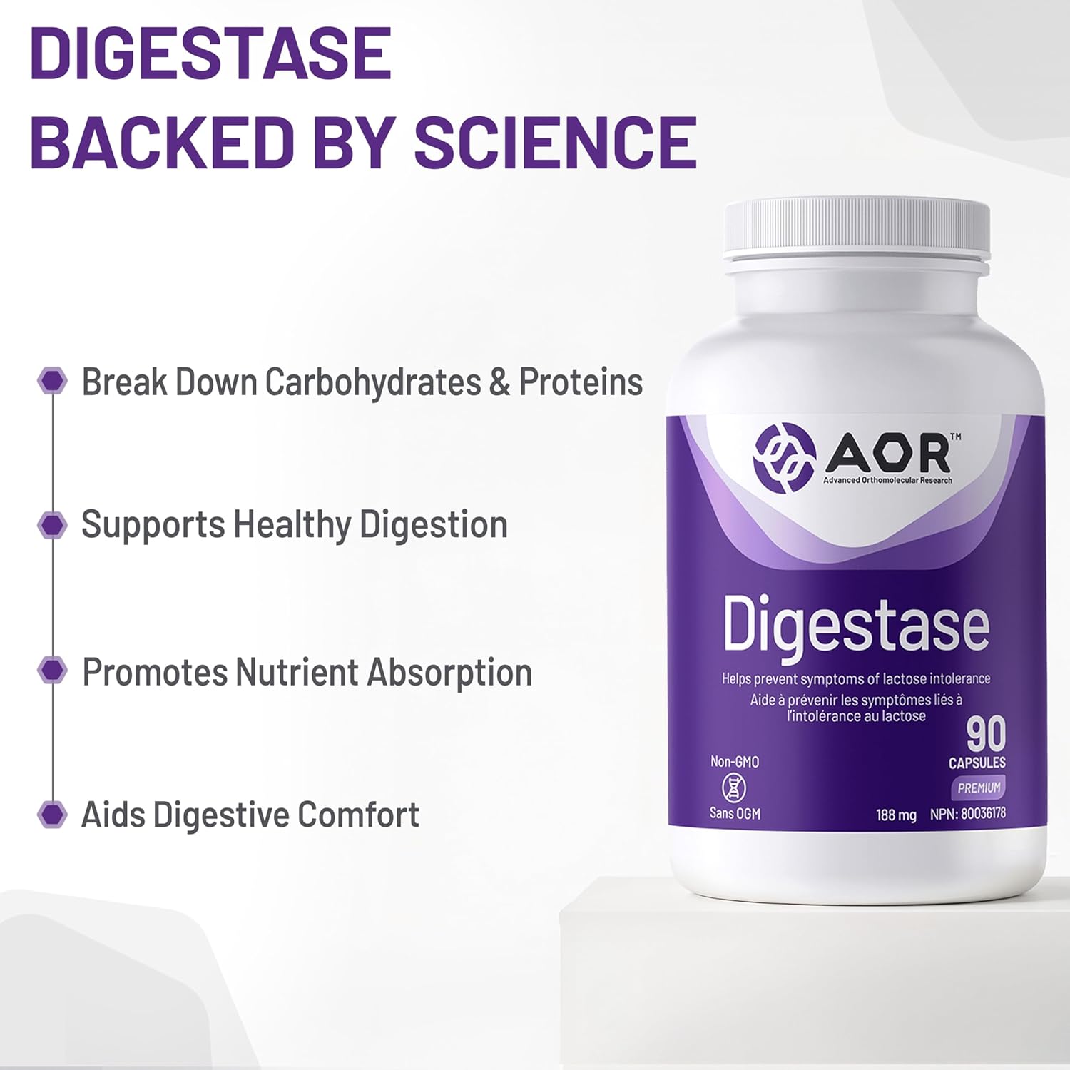 AOR Digestase supplement bottle with text highlighting its benefits on a white background