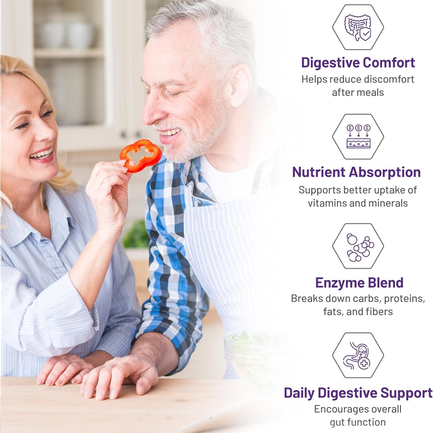 Man and woman in a kitchen with text about digestive health benefits.