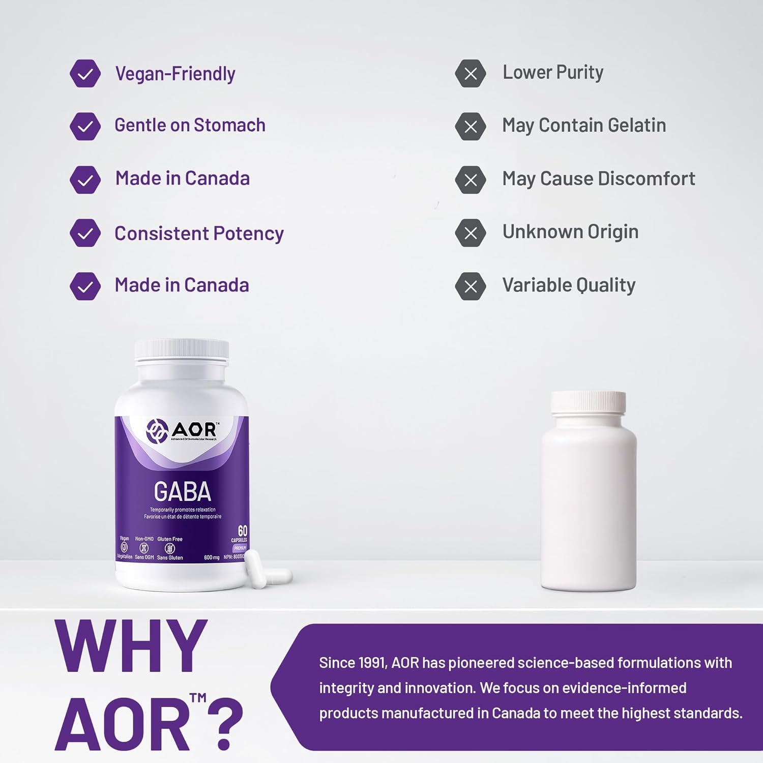 AOR GABA supplement bottle with comparison list on a light gray background