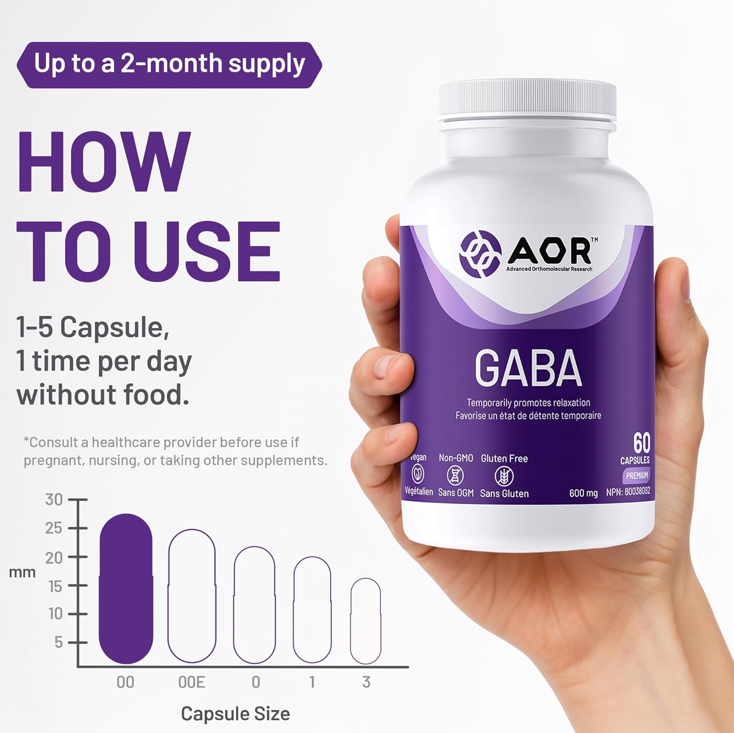 AOR GABA supplement bottle held in a hand with usage instructions on a white background