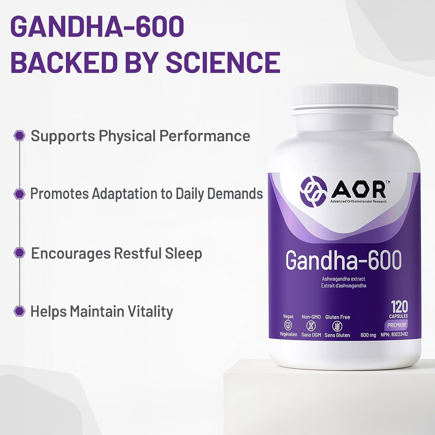 AOR Gandha-600 supplement bottle with benefits listed on a white background