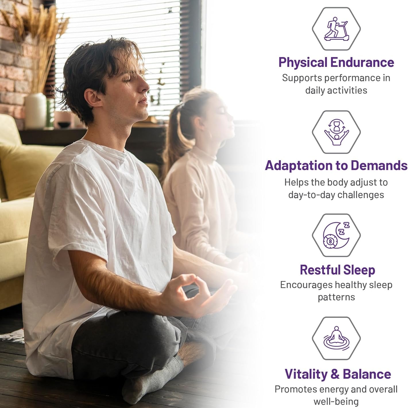 Person meditating in a home setting with text about physical endurance, adaptation to demands, restful sleep, and vitality.