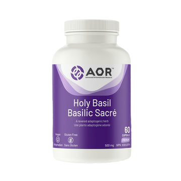 AOR Holy Basil supplement bottle on a white background