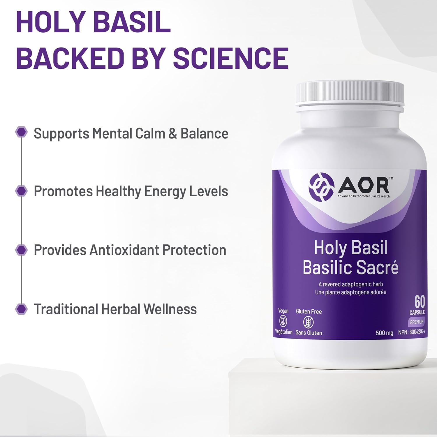 AOR Holy Basil supplement bottle with benefits listed on a white background