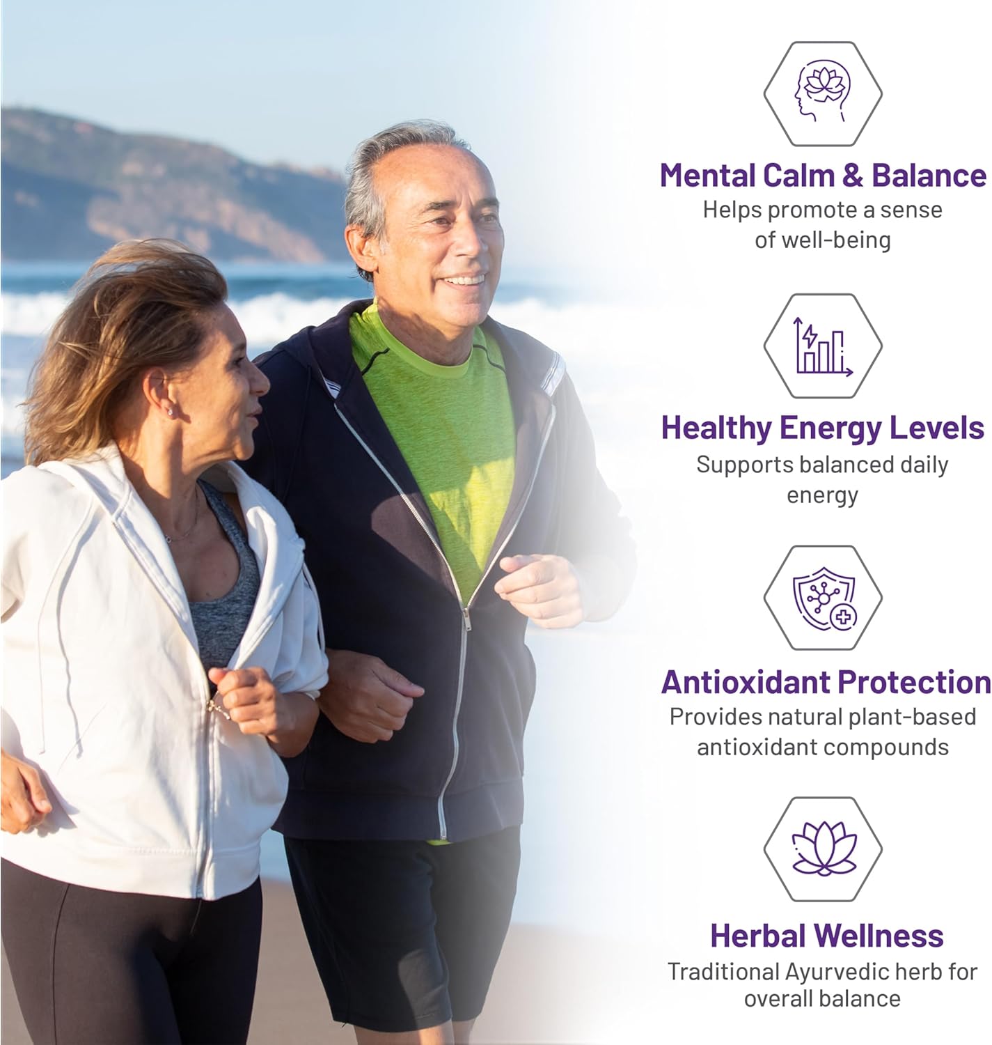 Two people walking on a beach with health benefits text overlay