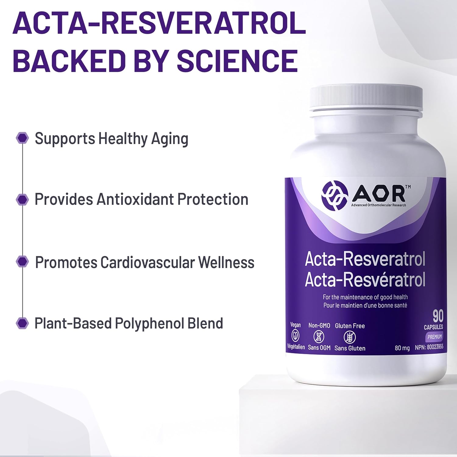 AOR Acta-Resveratrol supplement bottle with benefits listed on a white background