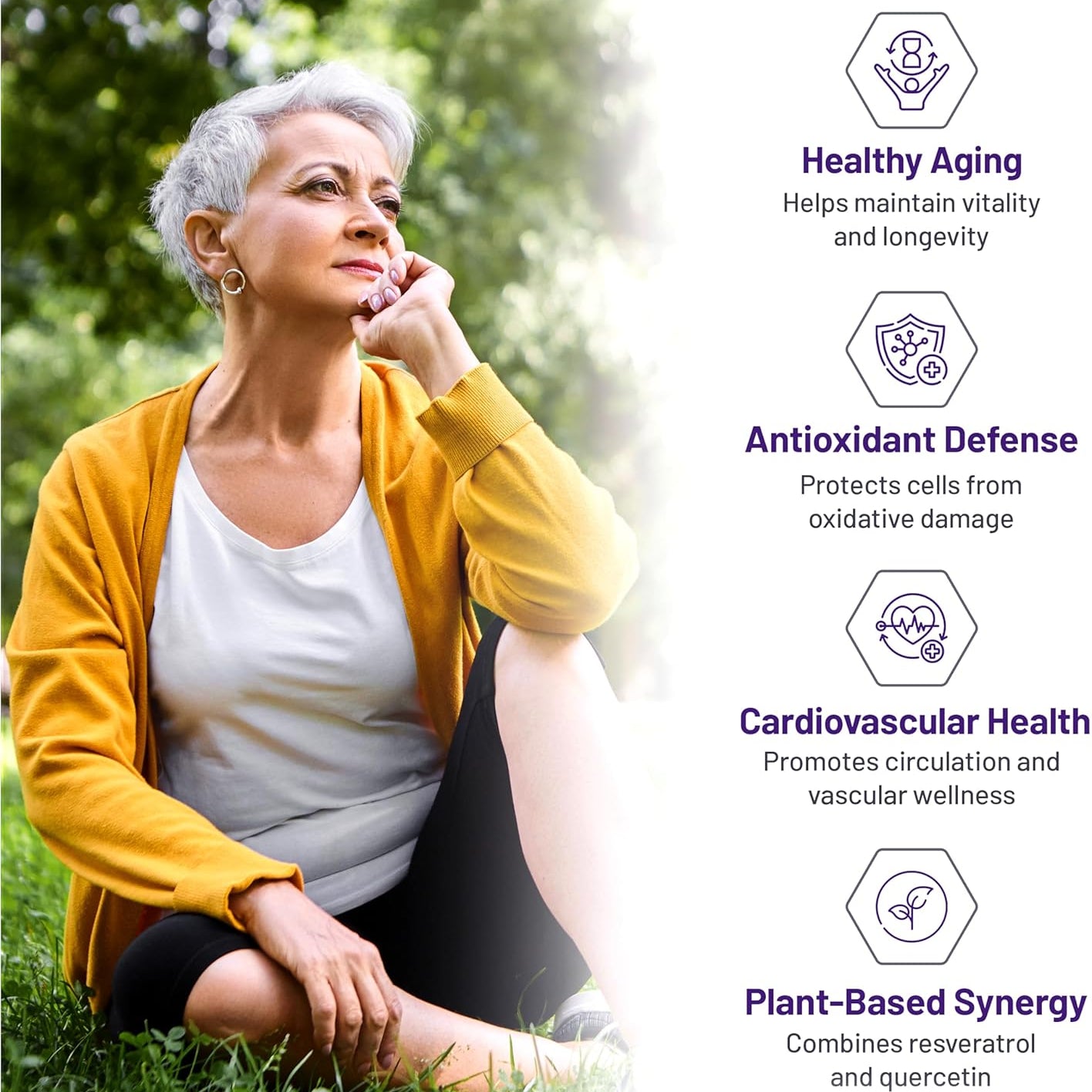 Woman sitting outdoors with health benefits text on the right