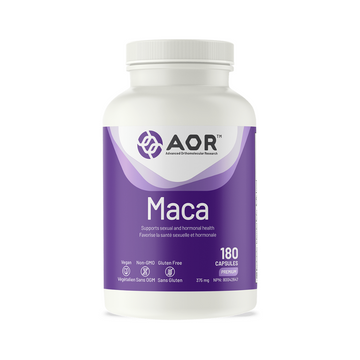 AOR Maca supplement bottle on a white background
