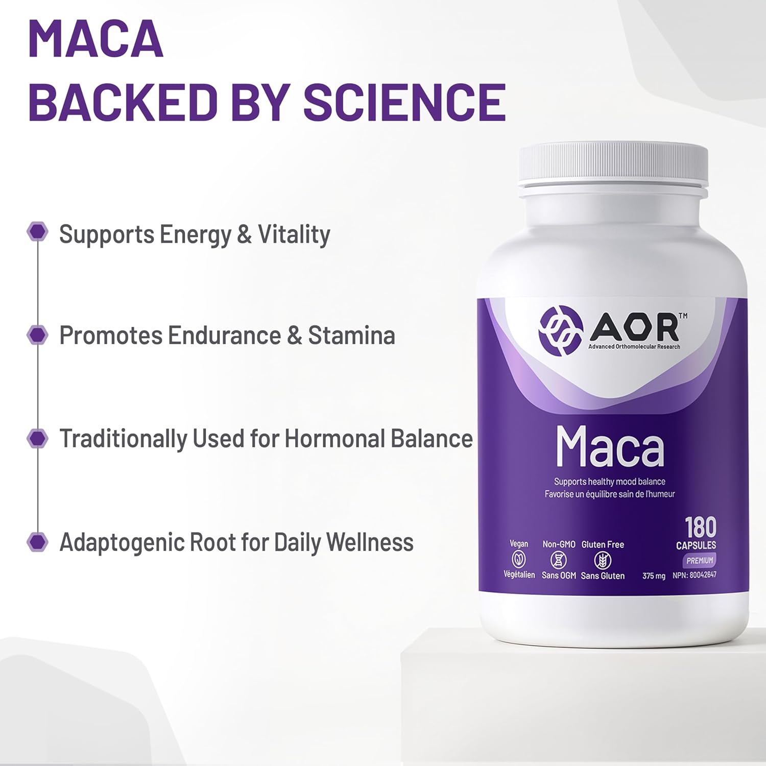 AOR Maca supplement bottle with benefits listed on a white background