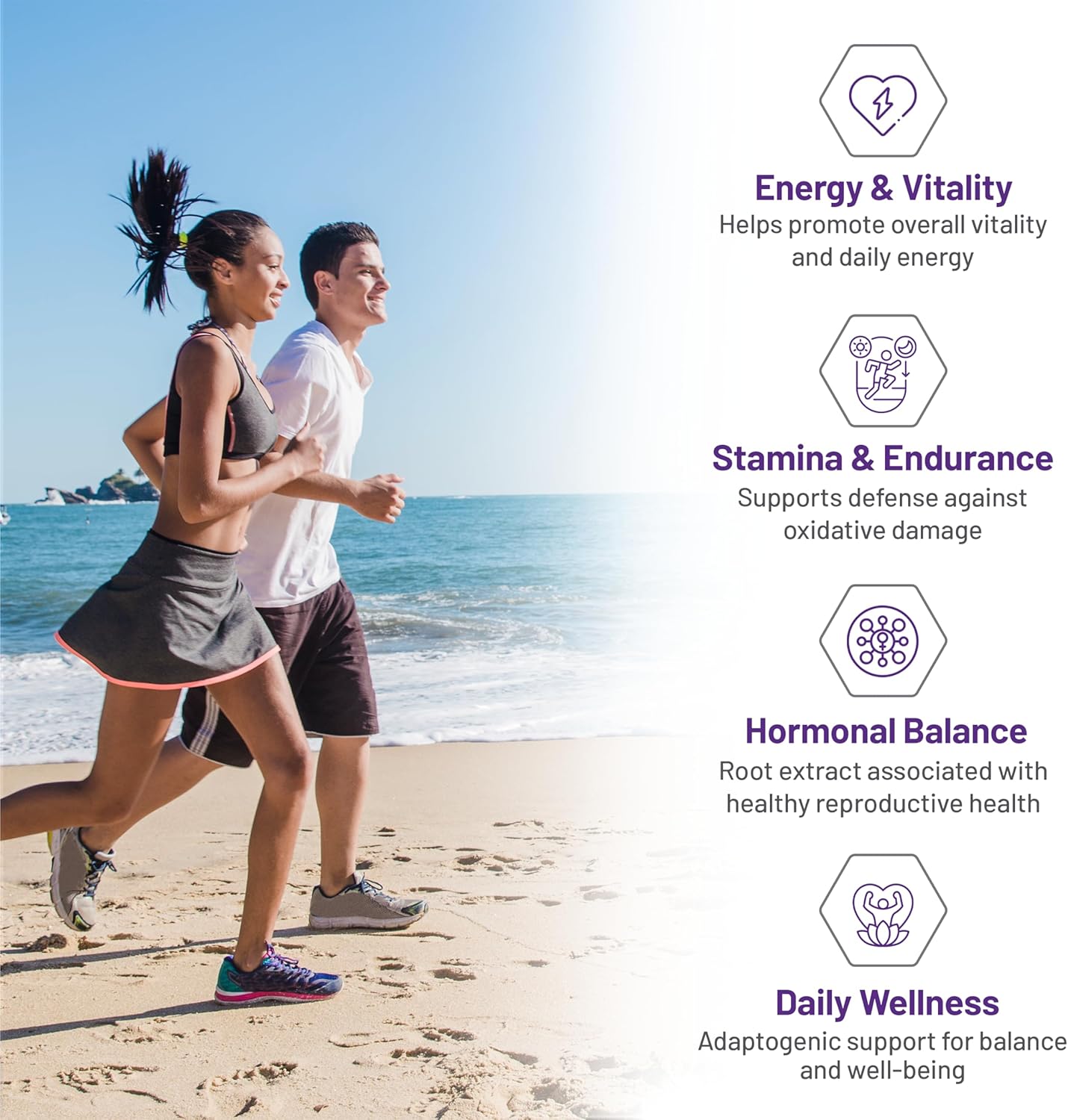 Two people running on a beach with health benefits text overlay